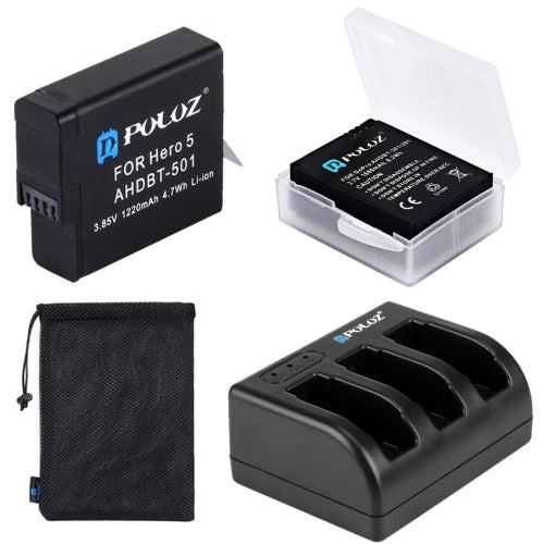 PULUZ 4 in 1 AHDBT-501 3.85V 1220mAh Battery  AHDBT-501 3-channel Battery Charger  Mesh Storage Bag  Battery Storage Box Kit for GoPro HERO5